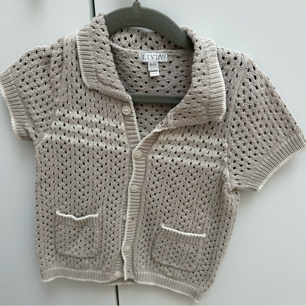 Livly - boys toddler neutral cream white knit summer short sleeve shirt 2-3T